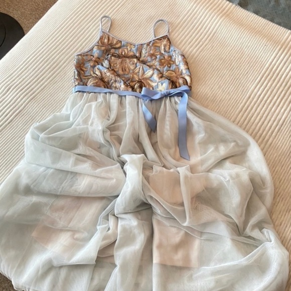 Girls Ballerina Dress in Baby Blue with Gold Sequins, double tulle skirt - Picture 6 of 15